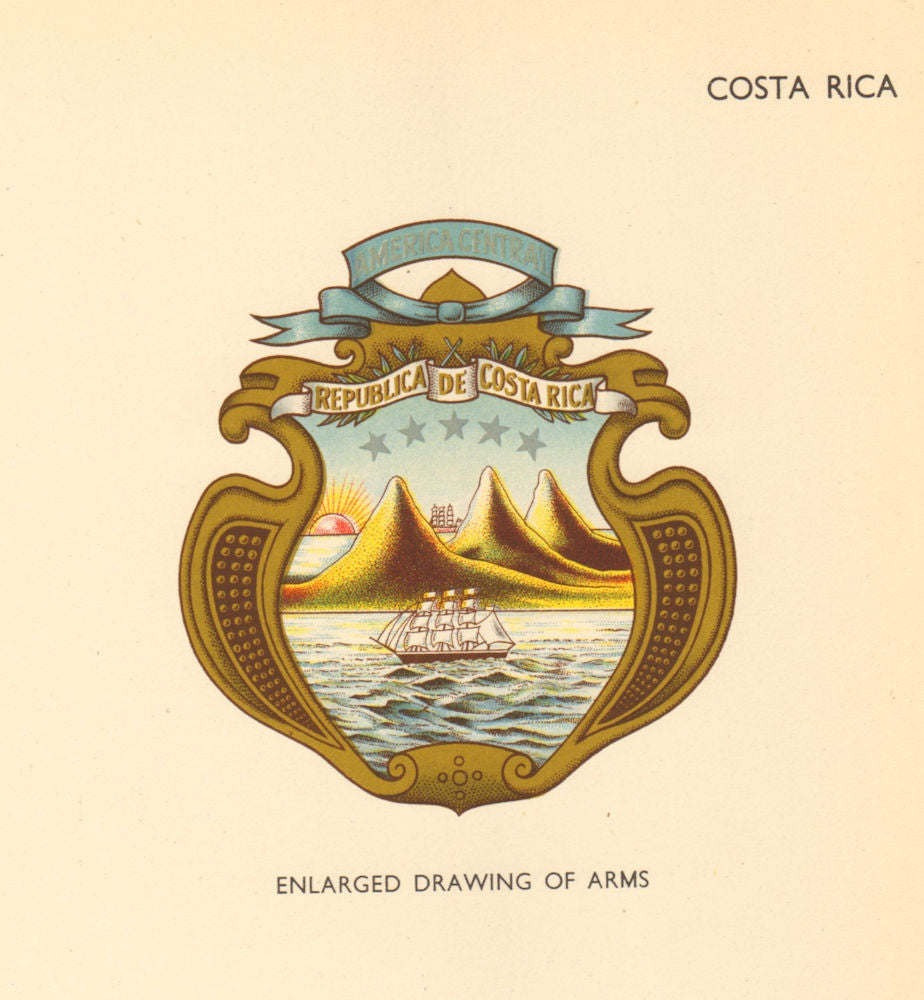 COSTA RICA FLAGS. Enlarged Drawing of Arms 1955 old vintage print picture